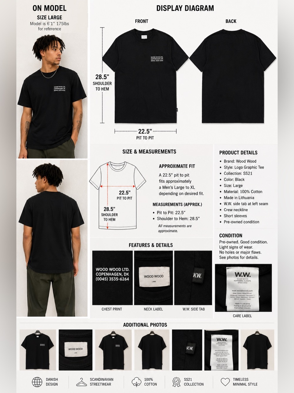 Wood Wood Copenhagen Logo T-Shirt Black SS21 100% Cotton Short Sleeve Tee Large